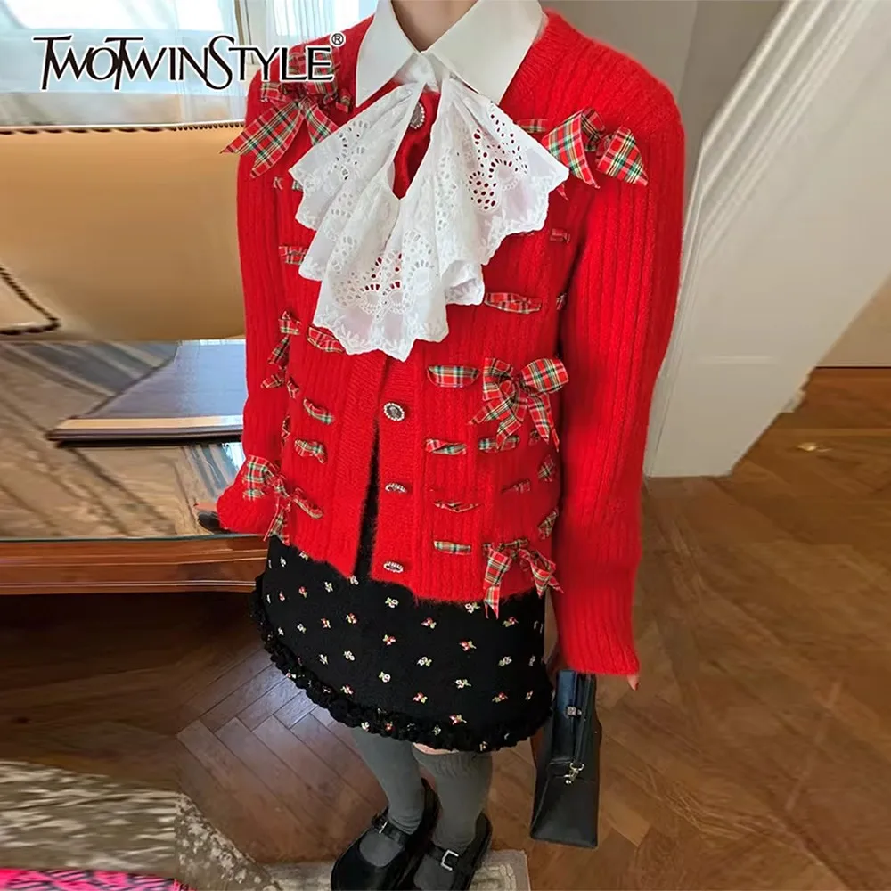 

TWOTWINSTYLE Red Spliced 3D Bows Korean Sweater Female O Neck Long Sleeve Loose Sweet Streetwear Women's Sweaters Fashion New