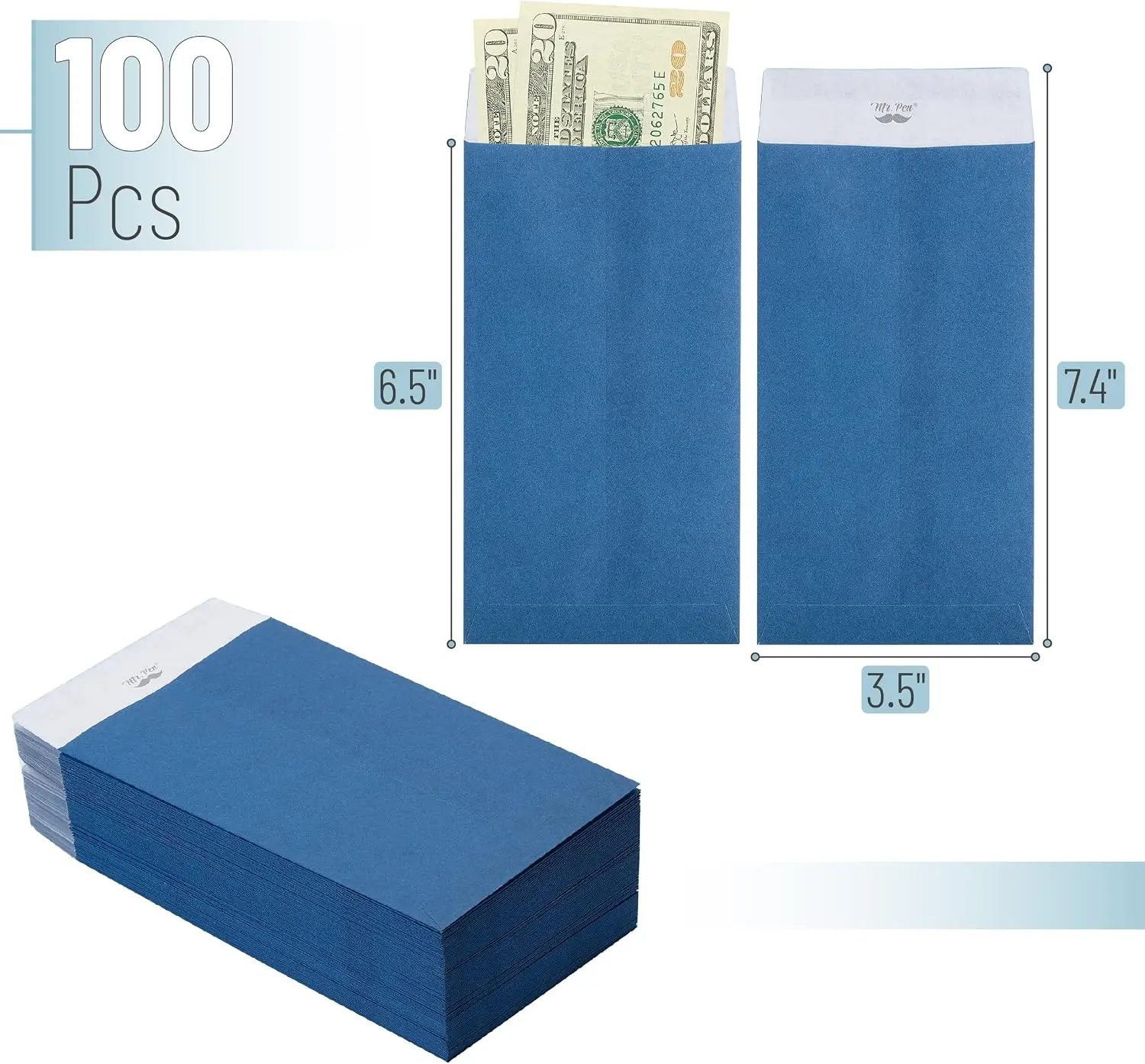 100 Pcs 6.5x3.5 in Kraft Money Envelopes, Self-Adhesive Cash Envelopes for Budgeting, Coin, Check, Small Items