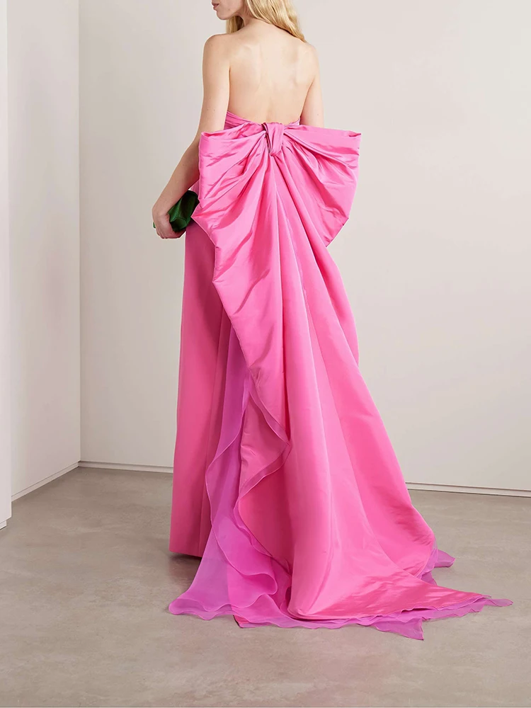 Abiti lunghi rosa senza spalline con fiocco oversize – Abito senza schienale con strascico lungo Abito da ballo per celebrazioni di compleanno, laurea scolastica