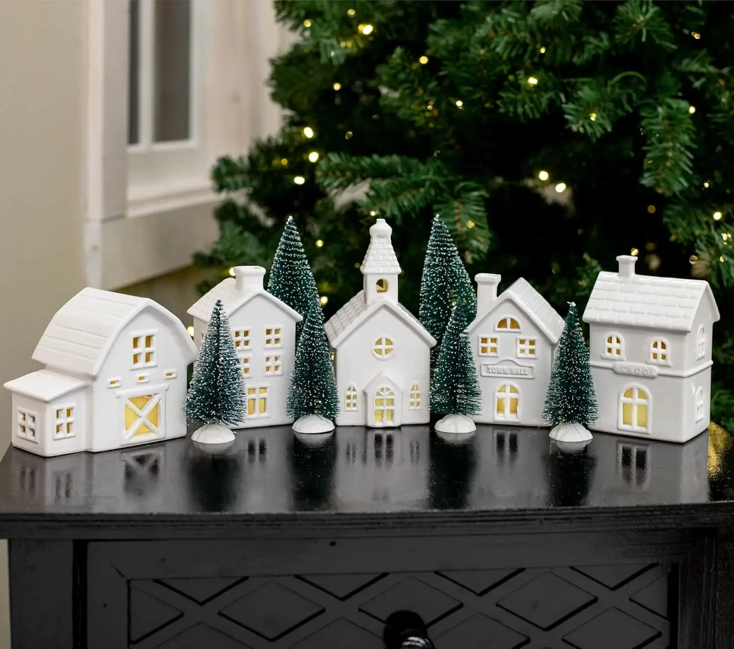 Juego de estatuillas de porcelana Winter Village con luces LED, 11 piezas para decoración de mesa navideña