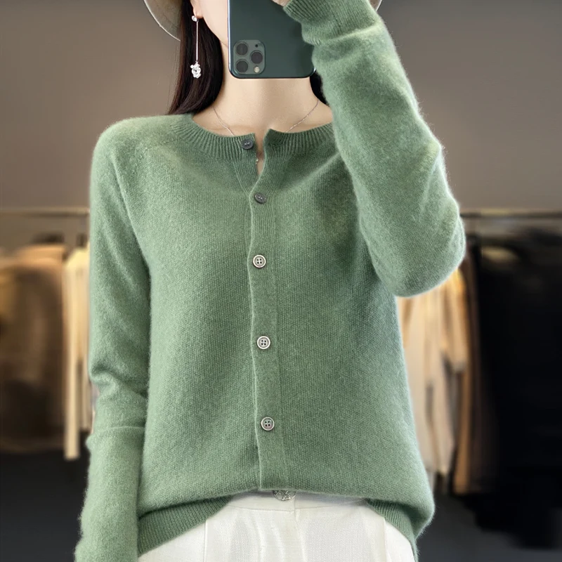 New spring and autumn 100% pure merino wool women\'s round neck cardigan cashmere sweater 2023 women\'s elegant top