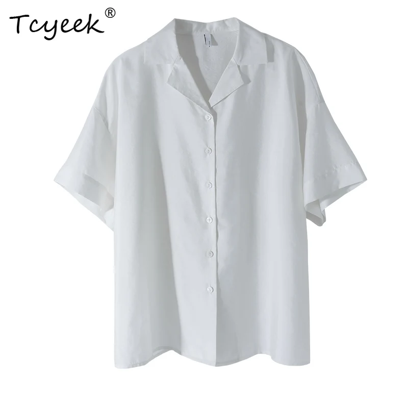 

Tcyeek, 25%Natural Silk Elegant Shirt, Women Half Sleeve Lapel Solid, French Casual Commute Blouse, 2024 Summer Fall T47158QC