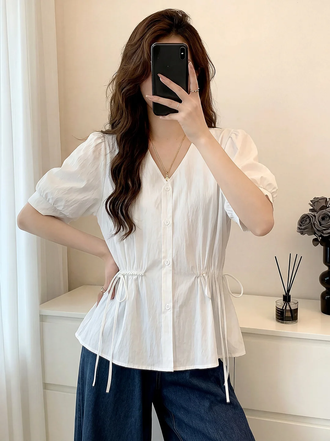 plus Size Women's Shirt V-Neck White Slim Fit Short Sleeve Waist-Cinching Thin Summer New Style Korean Fashion Bubble Sleeve