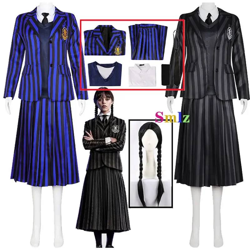 2025 New2 colores Anime Addams azul miércoles disfraz Cosplay chica escuela uniformes negros traje vestido mujer ropa de fiesta de Halloween AA