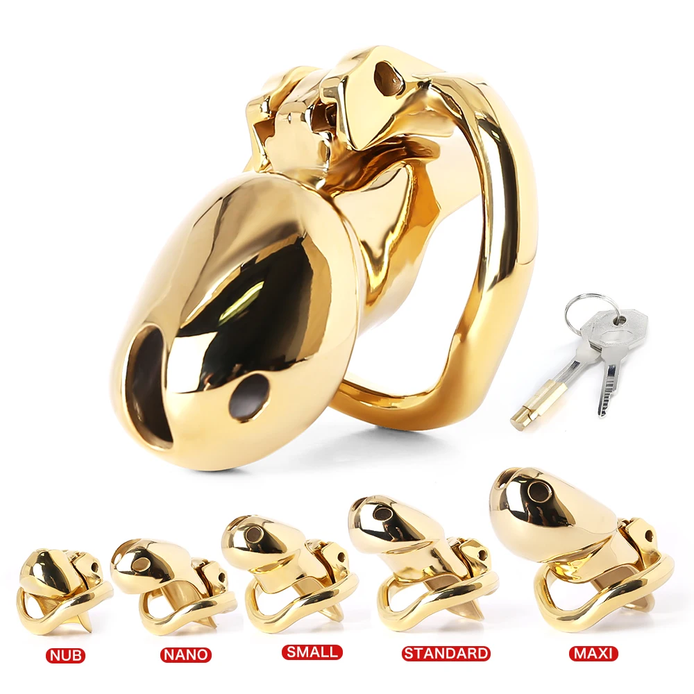 2023 New Chastity Cage 5 Sizes Gold Stainless Steel Male Chastity Device Metal Penis Cage Cock Ring With Lock Sex Toys For Men