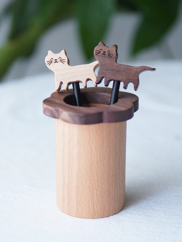 Home Use Wooden  Shaped Fruit Forks And Burger Stick Sign Cute Real Wood Sandwich Forks Japanese Style Set Wooden Material