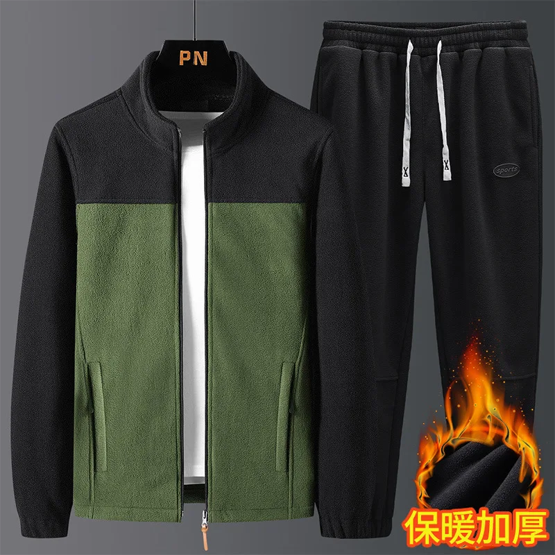 Mens Winter Polar Fleece Sets Mens Casual Loose Lamb Wool Thicken Warm 2 Piece (Jacket+Pant) Outdoor Sport Jogger TrackSuits 5XL