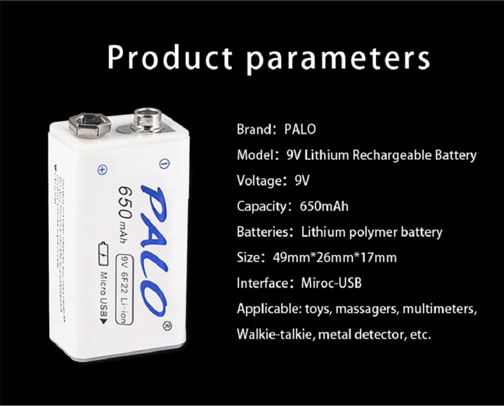PALO 650mAh 9V 6F22 литий-ионная аккумуляторная батарея USB 9V литиевая для мультиметра микрофон игрушка дистанционное управление KTV Горячий, аккумуляторная батарея крона, батарейка крона,аккумуляторная крона