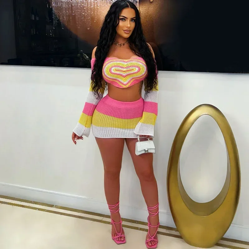 

Love Knitted Birthday Outfits Woman Clothing 2 Pieces Set Beach Flare Sleeve Slash Neck Crop Top and Mini Skirt Matching Sets