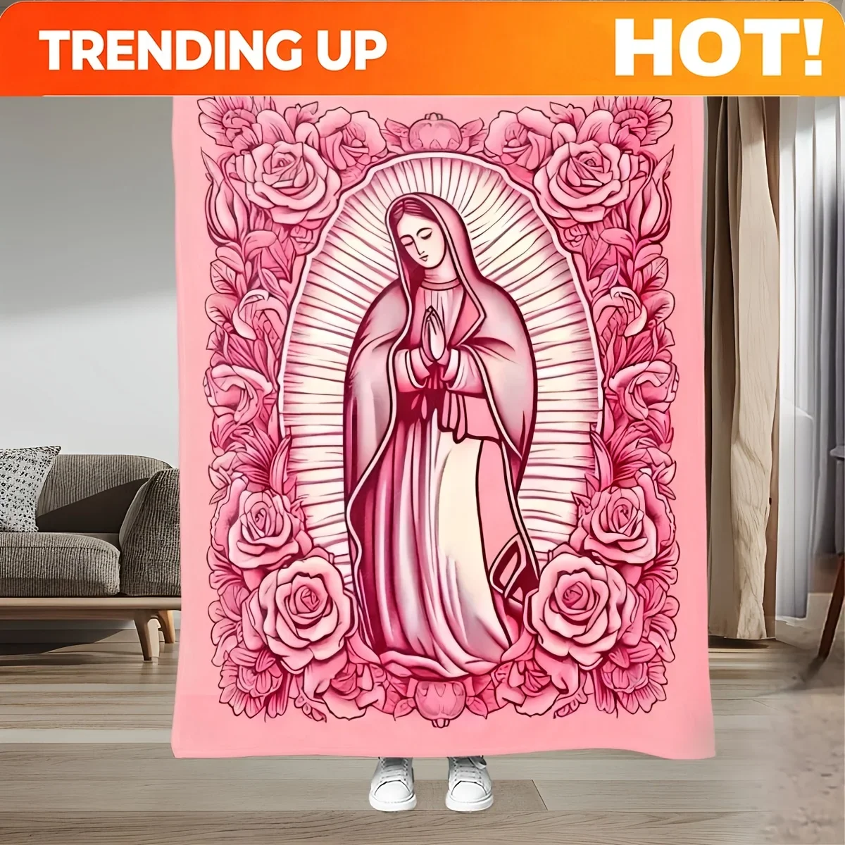 Customization Virgin Mary With Roses Blanket - Soft Flannel Bedspread Suitable For All Seasons, Pink Line Art Religious Bedding,