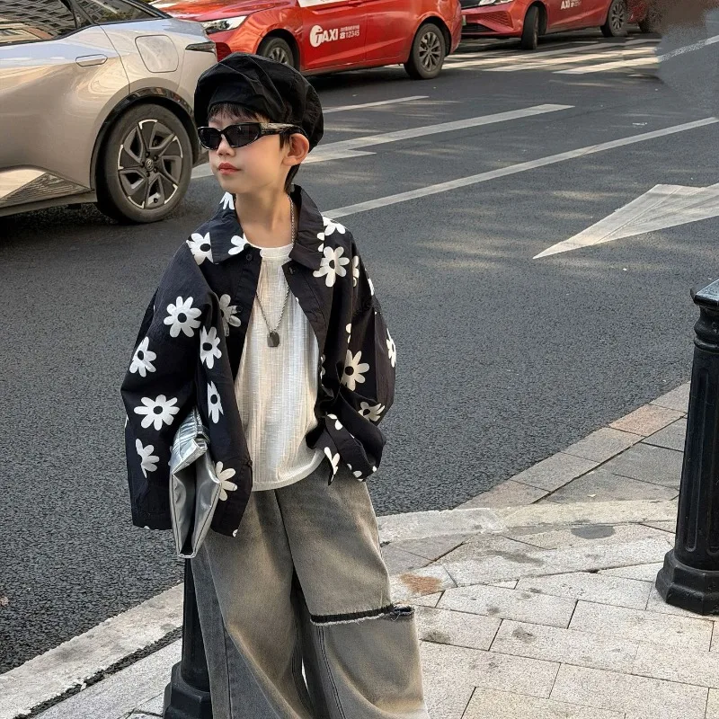 

Children's Shirts 2026 Spring New Boys American Retro Front Short Rear Long Flower Jacket Boys Loose Foreign Versatile Cardigan
