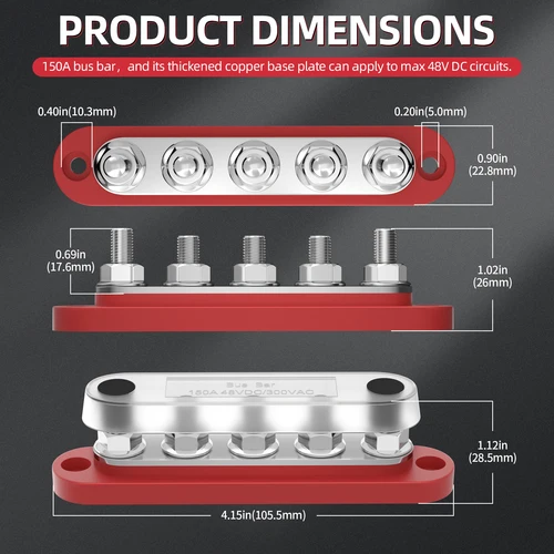 Imagen 2 del producto DaierTek Bus Bar Bloque de distribución de energía de 12 V con cubierta Bloque de terminales de pernos de 5 x 1/4 ""máximo 150 A 48 V CC positivo negativo para automóvil