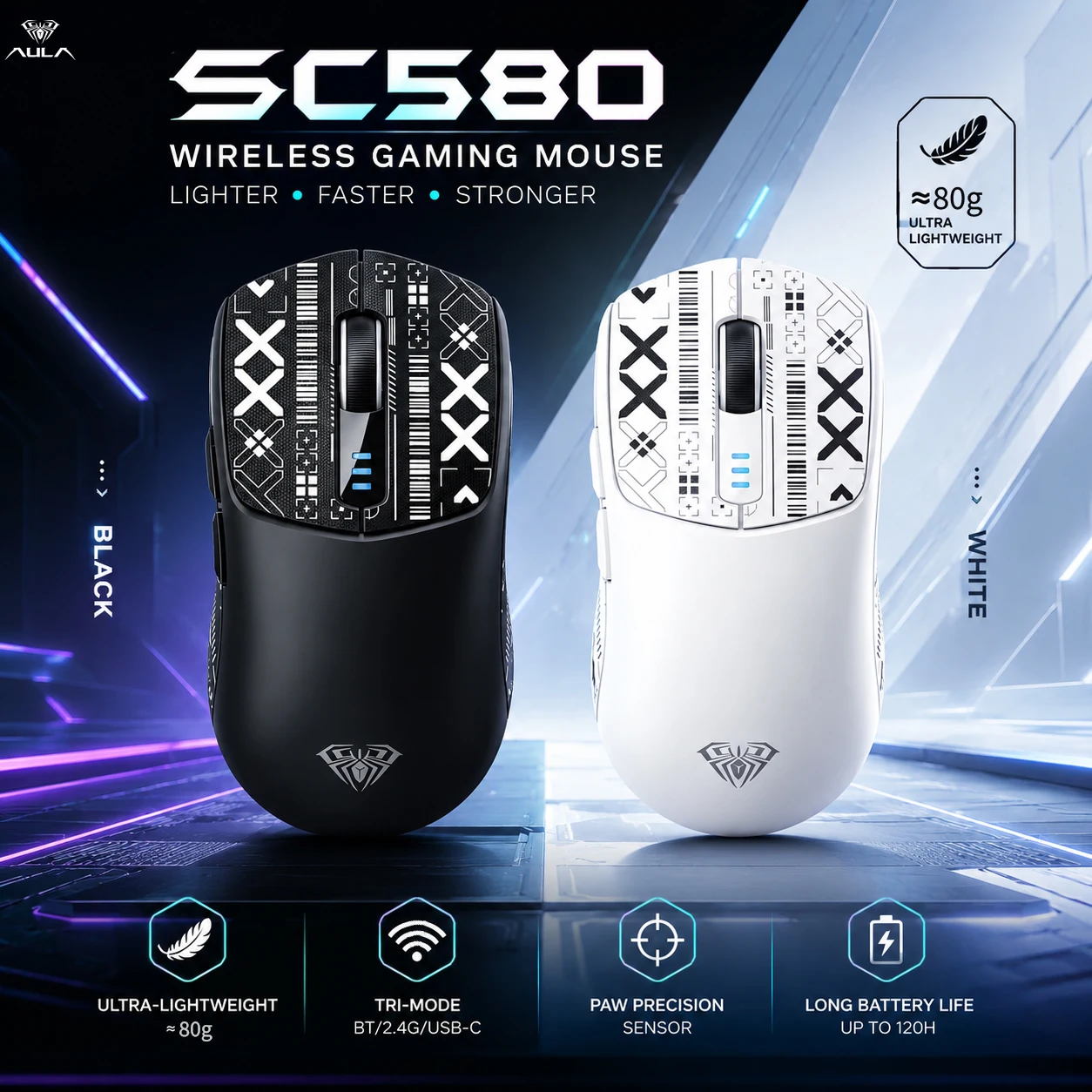 AULA SC580 Three Mode Rechargeable Ergonomic Bluetooth Gaming Mouse with 10000 DPI - Electronic Sports Lightweight Office Gaming