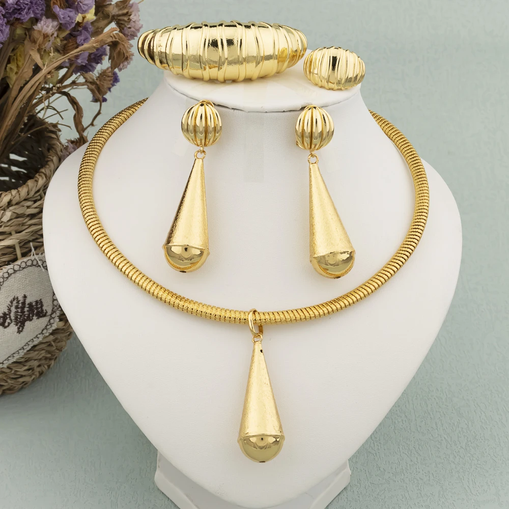 Water Drop Earrings Necklace Jewelry Set for Women Indian Dubai Gold Color Bracelet Ring for Wedding Bride Clothing Accessories