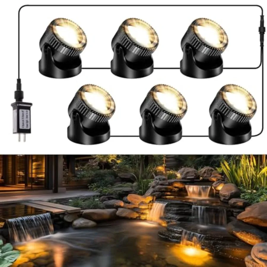 LED Underwater Pond Lights 6-Head, IP68 Waterproof Pond Lights with 8H Timer Function, 90° Rotatable Design and Gravity Base Fo