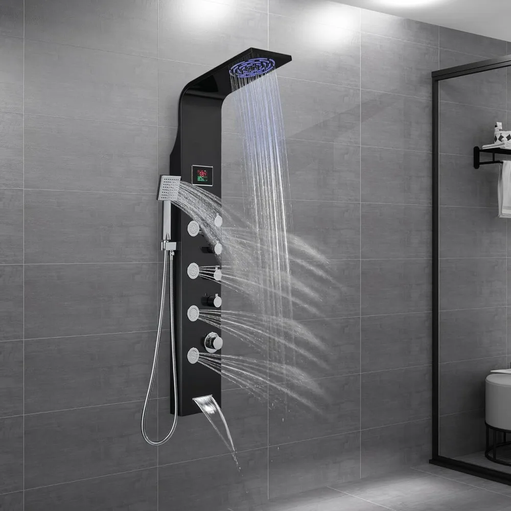 

ROVOGO LED Shower Panel Tower with Rain Shower Led Lights No Battery Needed, 4 Body Jets, Handheld Shower and Tub Spout, Sleek U