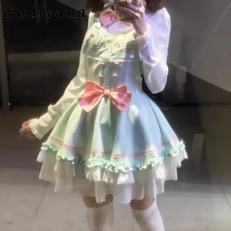 

Sweet Lolita Cute Peter Pan Collar Long Sleeve Shirt Fashion High Waist Versatile Age Reducing Princess Suspender Dress Sets