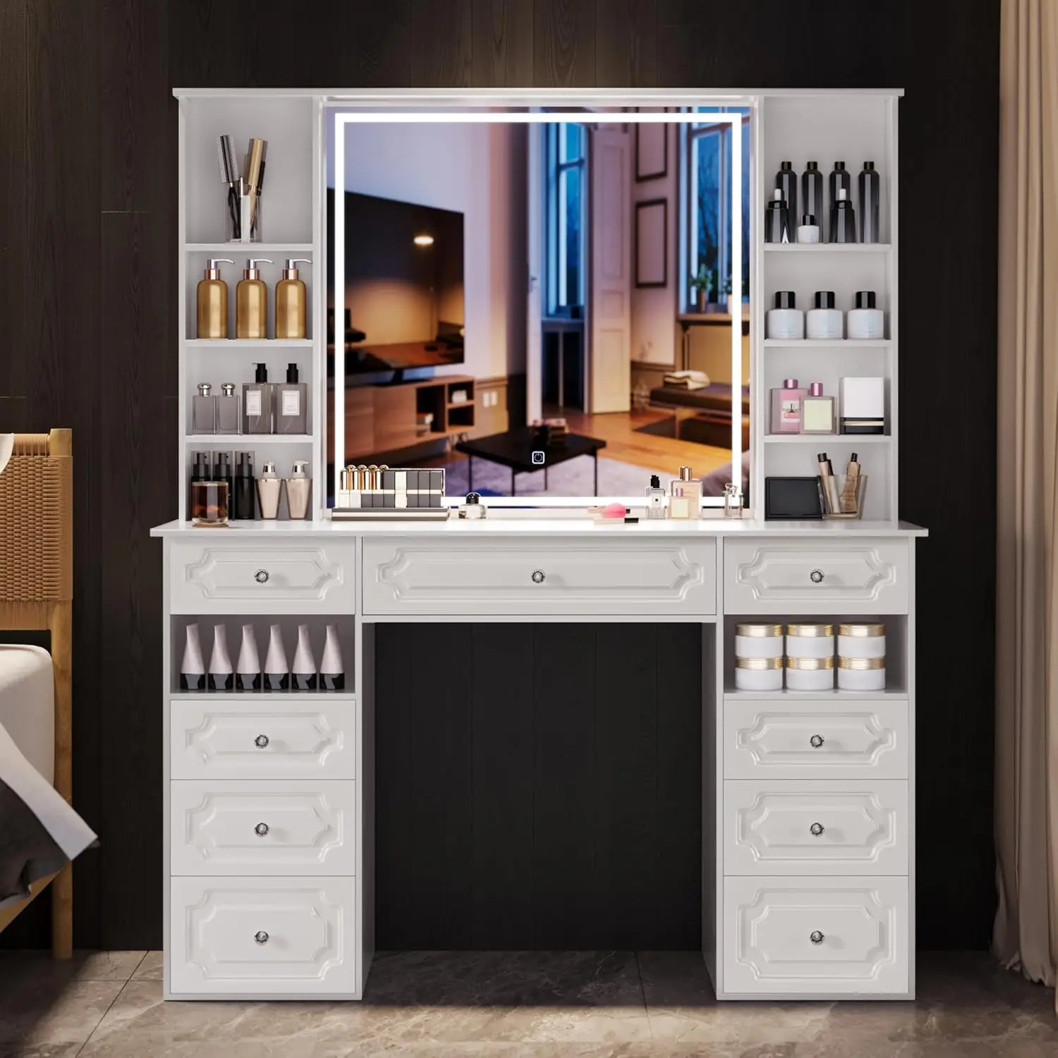 

Makeup Vanity with Lighted Mirror, 47" Vanity Desk with 9 Drawers&10 Open Storage Shelves, Brightness Adjustable,Dressing Table