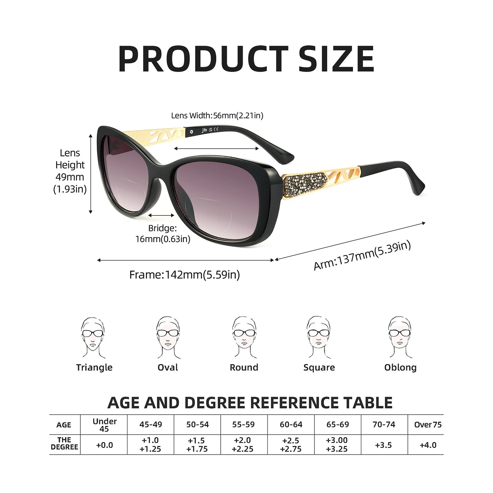 JM Large Square Bifocal Reading Sunglasses for Women Gradient Lens Lady Oversized Bifocal Sun Reading Glasses +1 to +4
