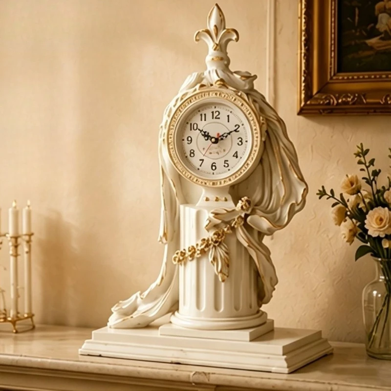Silent Movement Desk Clocks European Living Room Table Clocks Retro Decoration Desktop Clock Luxury Roman Column Household Clock
