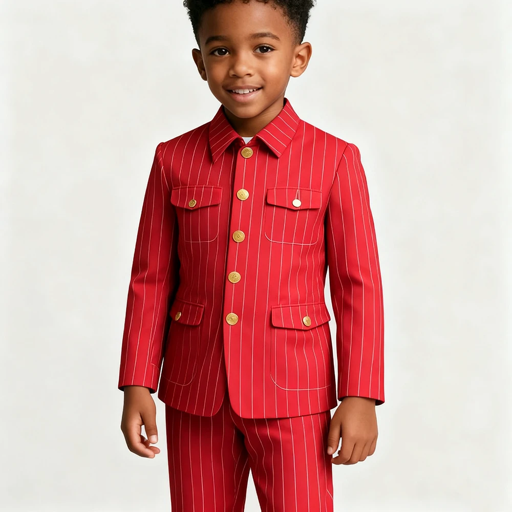 

Formal Pinstripe Boy Suits Luxury Single Breasted Stand Lapel 2 Piece Jacket Pants Sets High Quality Kids Outfits Full Sets