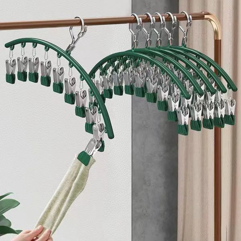 Stainless Steel Clothes Drying Hanger Metal Waterproof Drying Rack 10 Clips Hook Laundry Airer Hanger Underwear Socks Holder