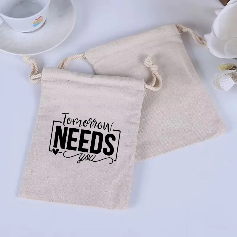 

10PCS/Simple English Design Reusable Canvas Bundle Pocket Pulling Rope Bag Cotton Travel Convenient Carrying Bundle Bag