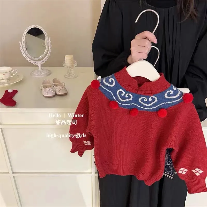 

Baby girls' thick knitted sweater 2025 winter clothing new children's Chinese New Year's clothing