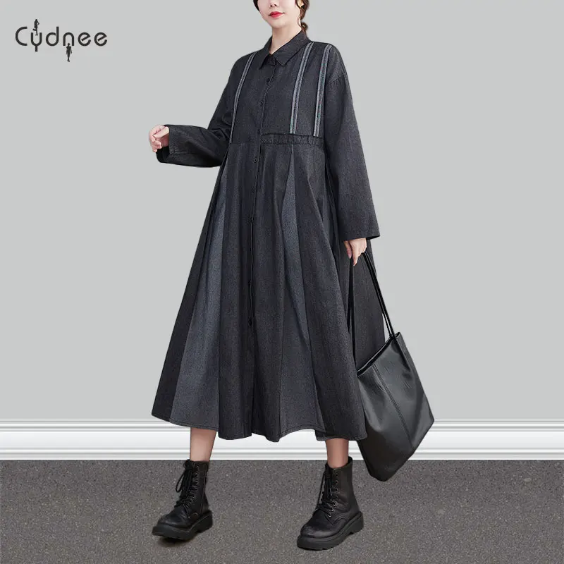 Fall Winter Korean Literature Large Size Japanese Shirt Dress Long Sleeve Denim Casual Plus Size Maternity Clothes Maxi Dress