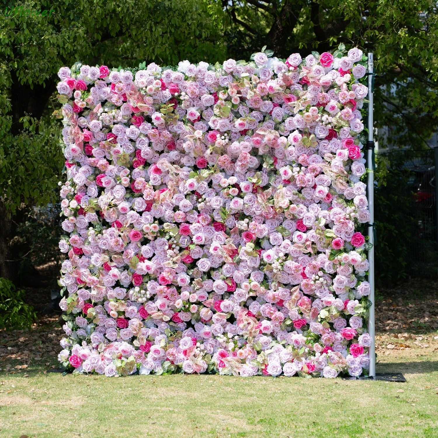

Uflower Pink Artificial Flower Wall Roll-Up Hanging Fabric Floral Backdrop for Wedding Event Party Decorations Curtain