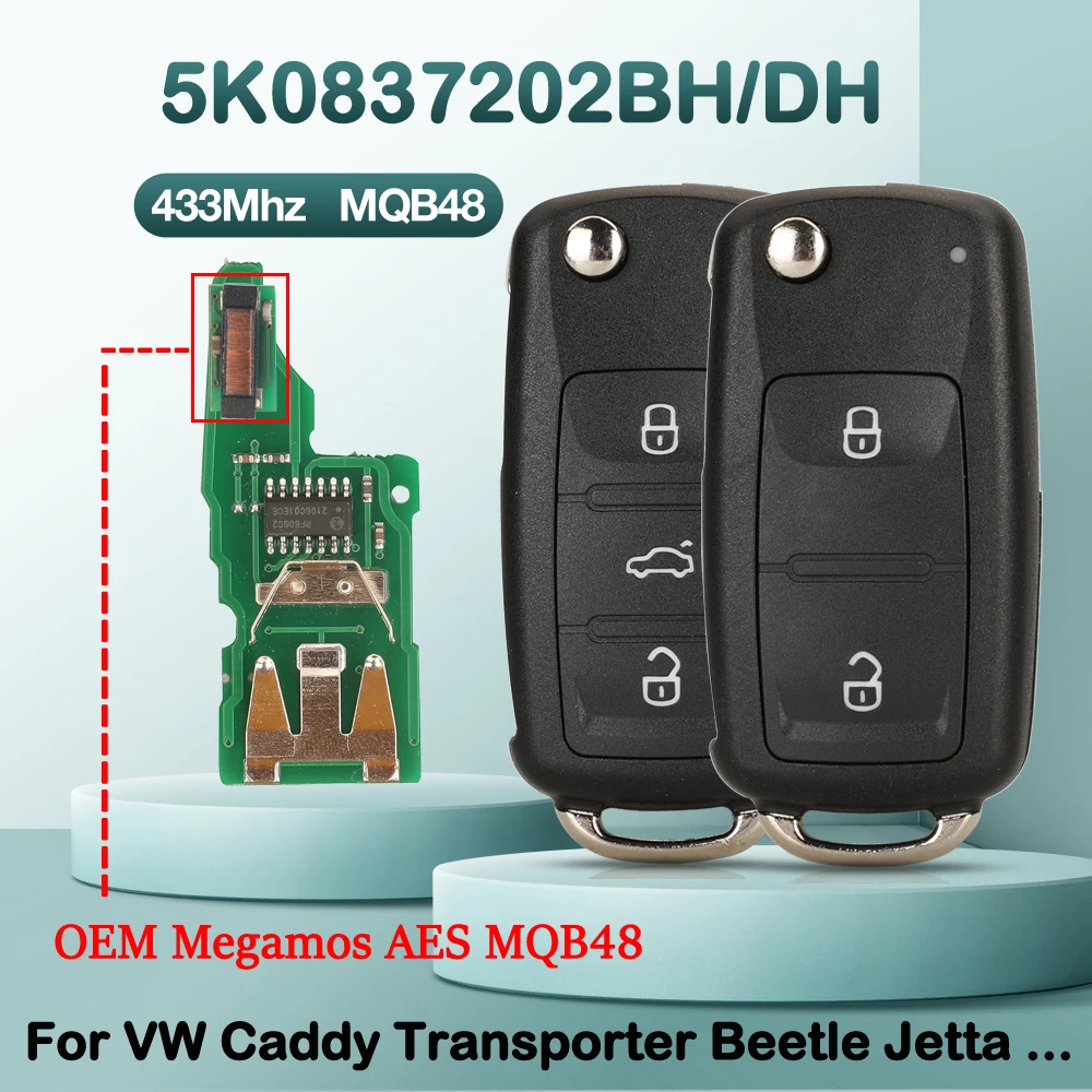 jingyuqin 5K0837202BH/DH MQB48 433MHZ 2/3BTN Remote Car Key For VW Caddy Transporter Beetle Jetta Sharan Scirocco Polo Tiguan