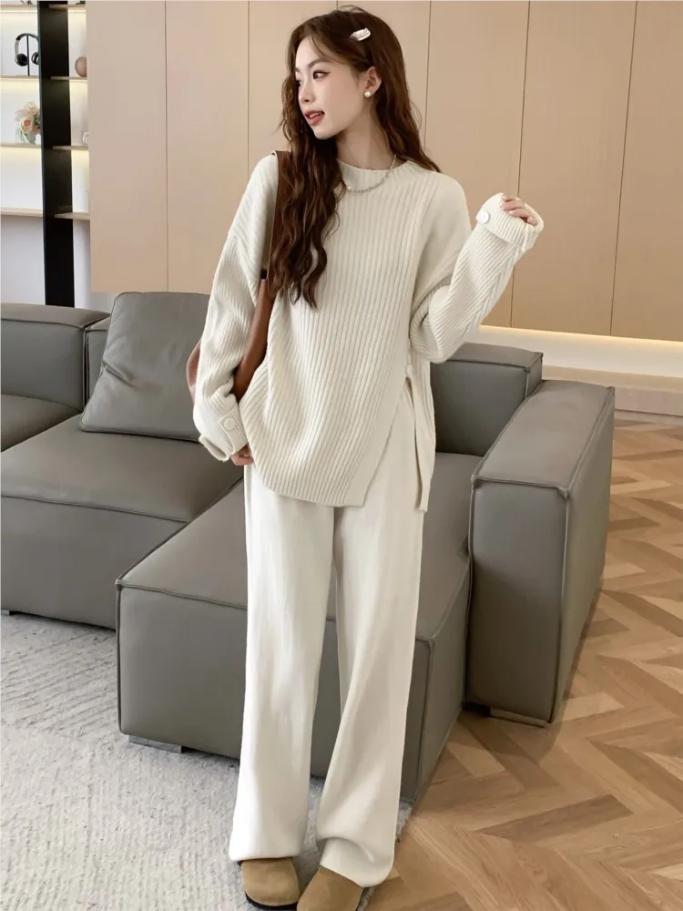 Women\'s Knitted 2-Piece Set Tracksuit Autumn Winter O-neck Pullover Sweater Wide Leg Pants Harajuku Warm Solid Casual Suit New