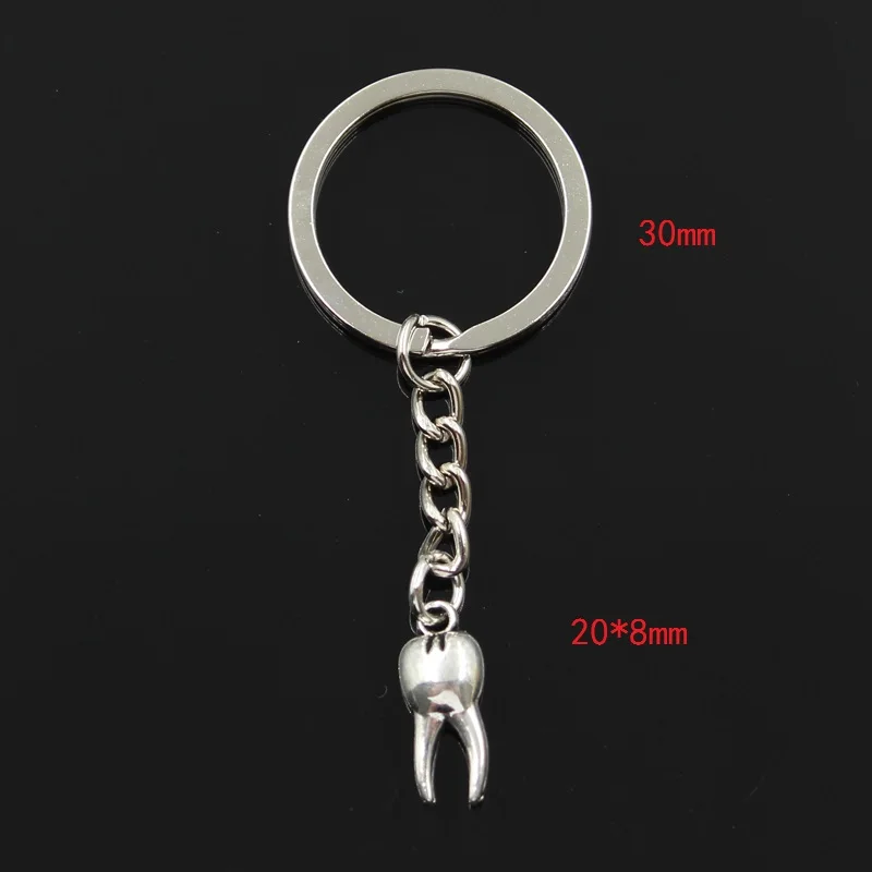 Fashion 30mm Key Ring Metal Key Chain Keychain Jewelry Antique Silver Color Plated Zombie Tooth Teeth Molar 20x8mm Pendant