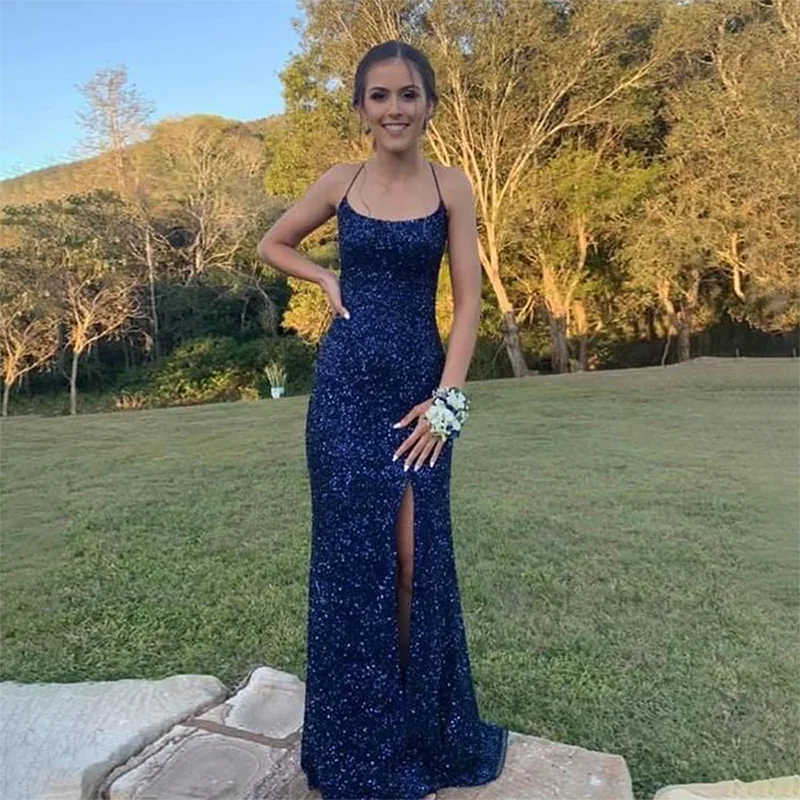 

BLUE Prom Dresses Cowl Neck Sequin Evening Gown Mermaid Elegant Lace-up Spaghetti Straps Floor-length Vestido De Noche for Women