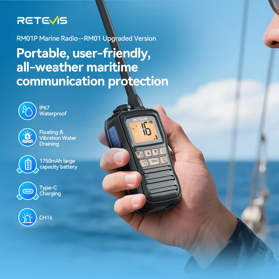 

Retevis RM01P IP67 Waterproof Walkie Talkie Long Battery Life Portable Marine Radio Type-C Floating Design for Boating Fishing