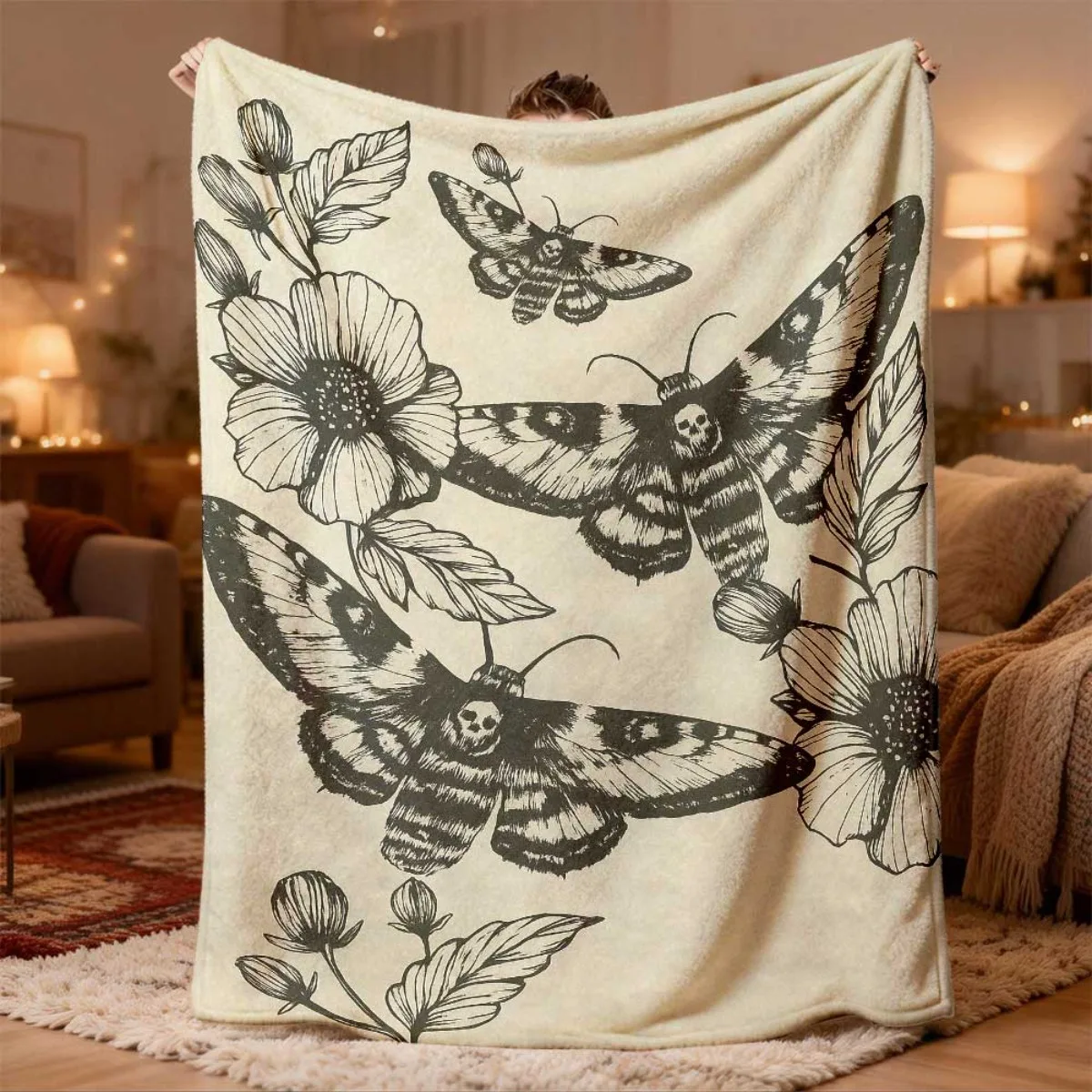 Retro Gothic Death Moth Floral Print Flannel Blanket Soft Fleece Throw Blanket for Sofa Bed Home Decoration Occult Lovers Gift