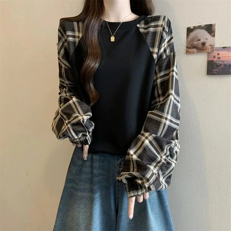 Large Retro High-end Plaid Patchwork Drawstring Hoodie for Women Thin and Chubby Loose and Slim Chic Top