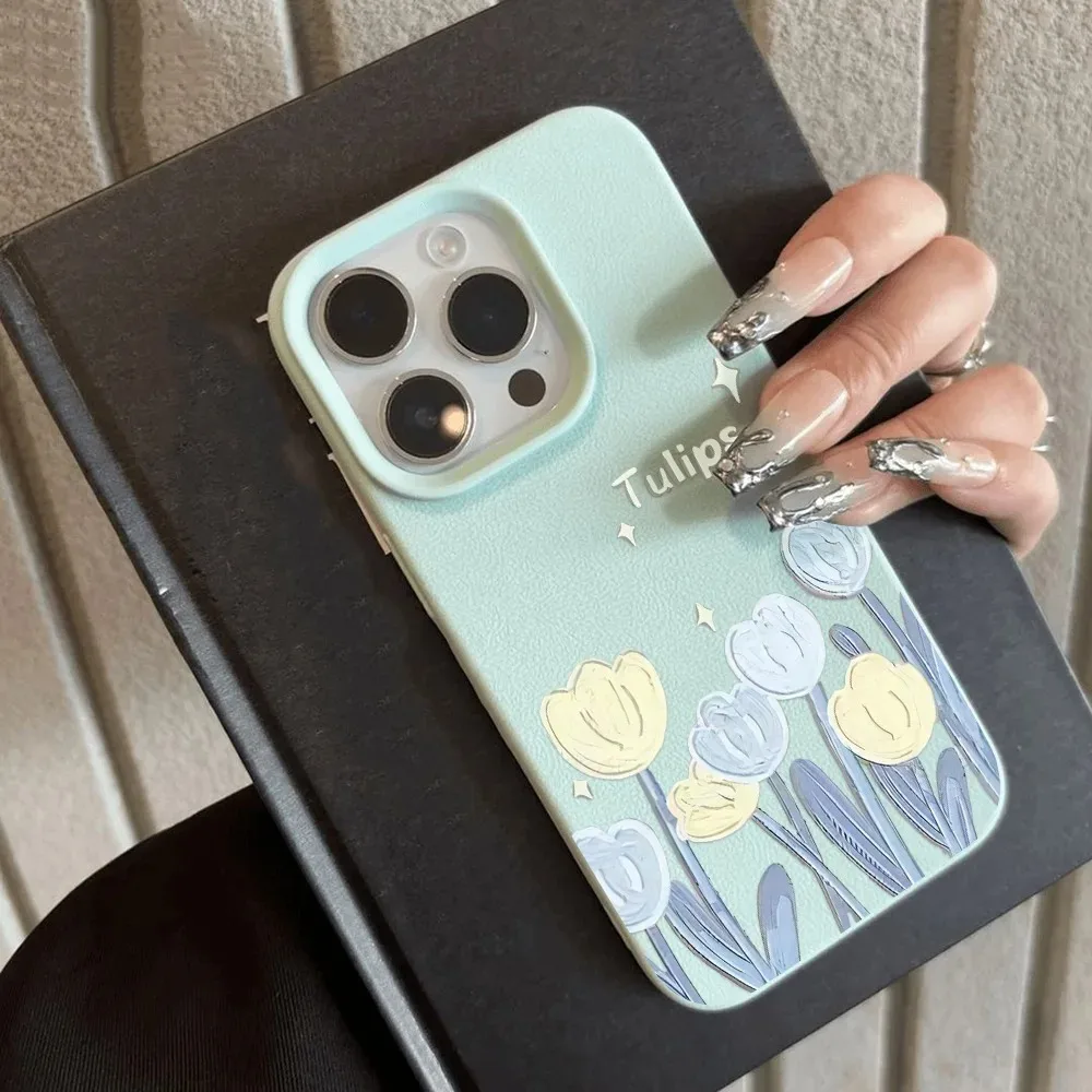 Tulip Flower Phone Case For iPhone 14 15 16 Pro Plus 11 12 13 Pro Max Shockproof Matte Candy Color Soft Leather Back Cover