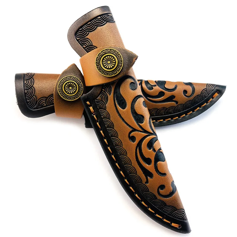 152mm Genuine Cowhide Fixed Blade Knife Sheath - Universal Full-Grain Leather Case for Hunting Knife Embossed Design