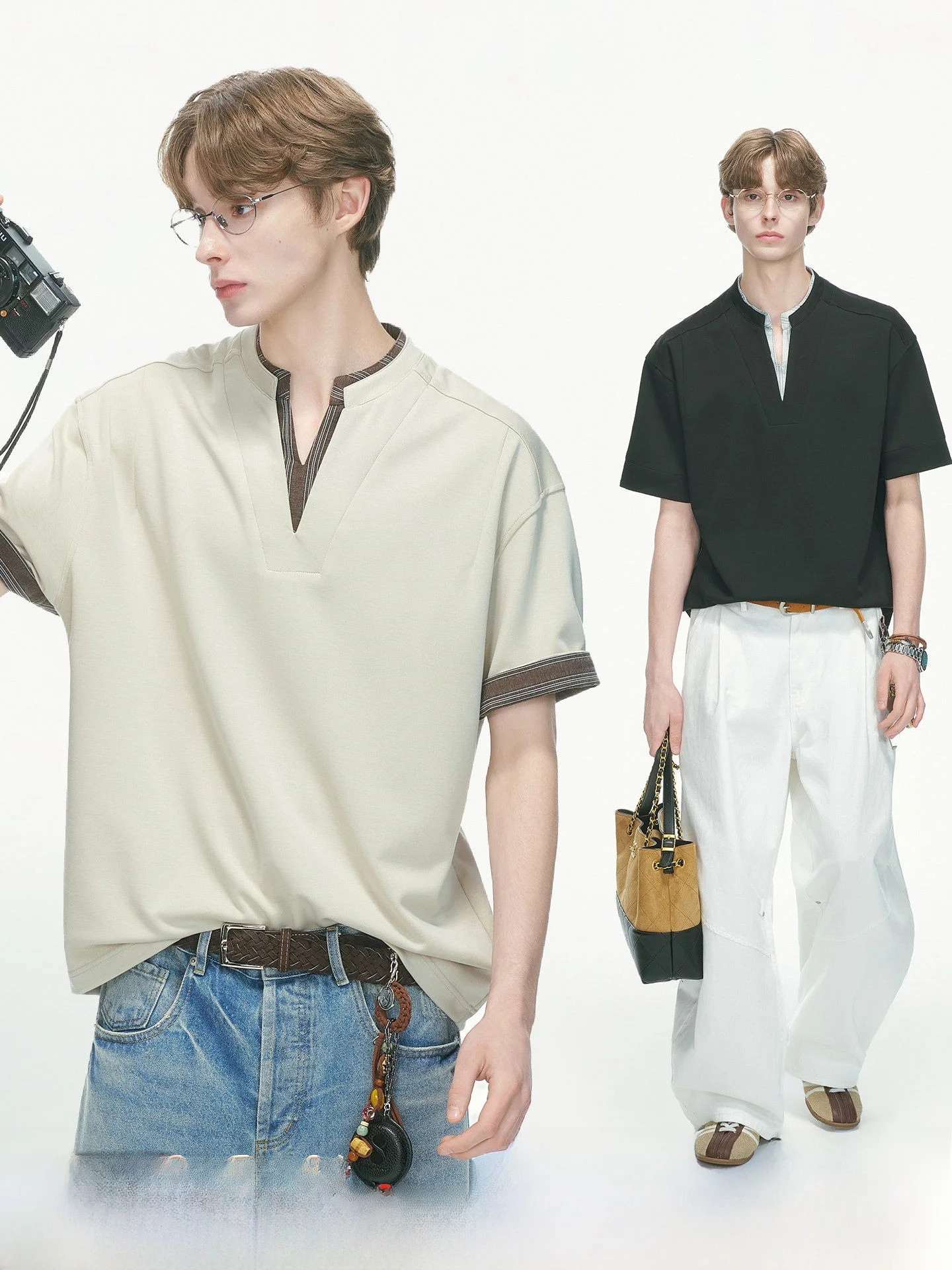 Dream Made Men's V-Neck Short Sleeve T-Shirt Fake Two-Piece Style Henry Collar Summer New Arrival Breathable Comfortable Poly...