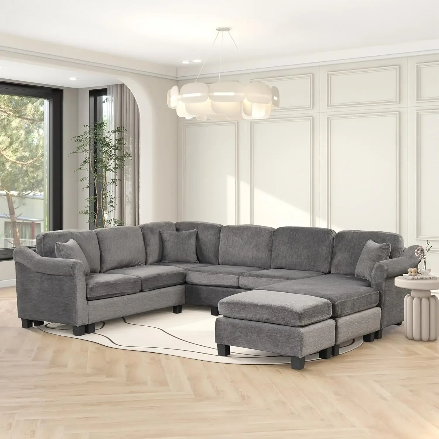 Velvet Sectional Sofa Couch with Movable Ottoman, Elegant U-Shaped Corner Upholstered Sectional Sofa W/ 3 Pillows