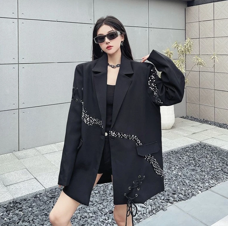 Blazer de lantejoulas de retalhos para mulheres design ombros acolchoados primavera outono nova tendência gótico preto jaqueta coreano cordão solto