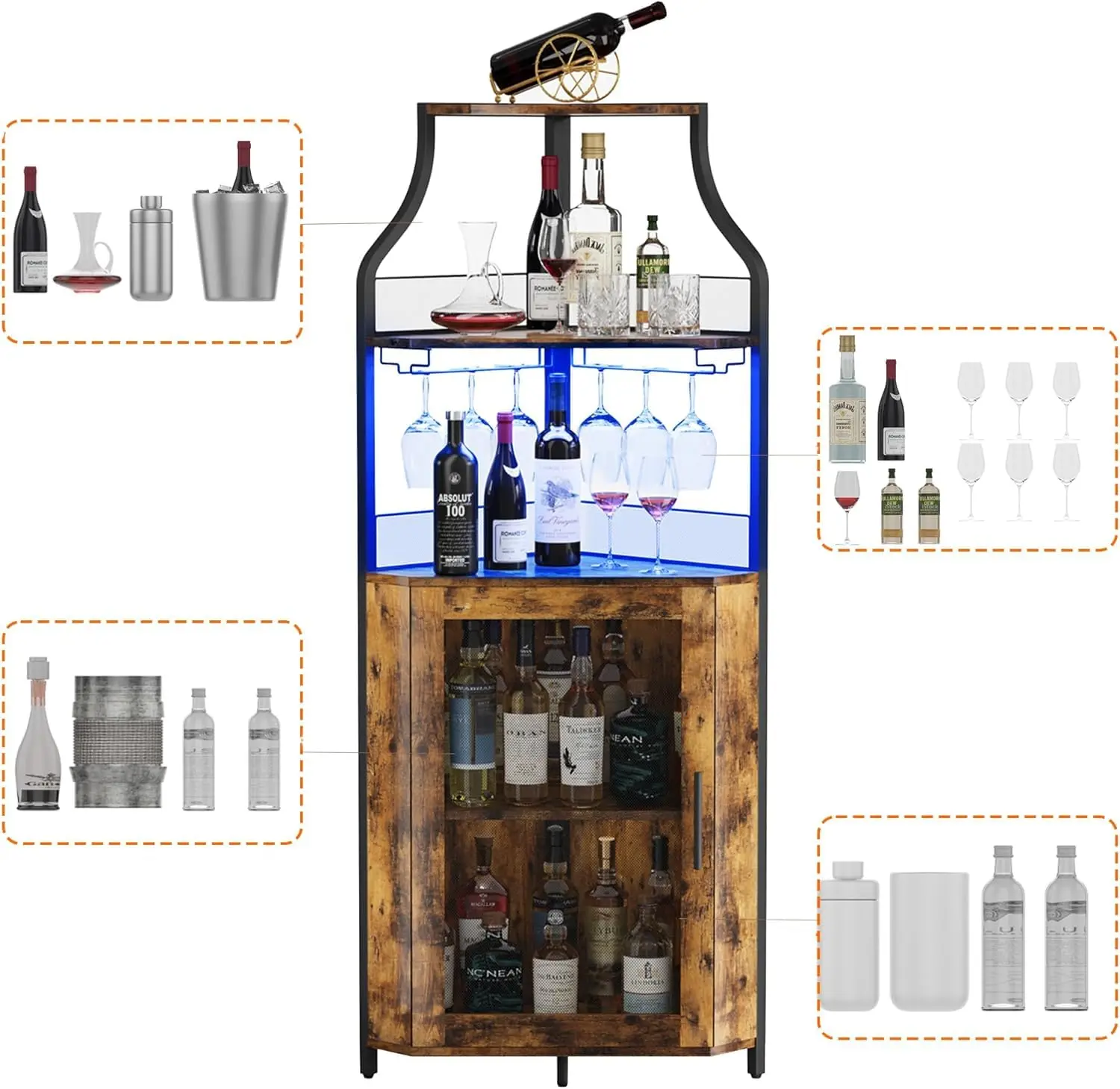 Corner Bar Cabinet with LED Lights, Adjustable Shelf & Glass Holder, 5-Tier Storage, Industrial Wine Cabinet, Customized