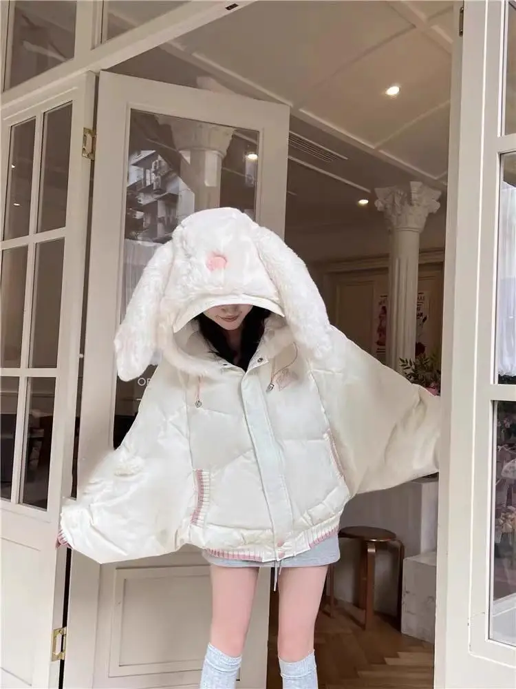 Dophee original outono inverno branco princesa amassado jaqueta feminina bonito de pelúcia orelhas de coelho com capuz pão casaco de algodão acolchoado parkas