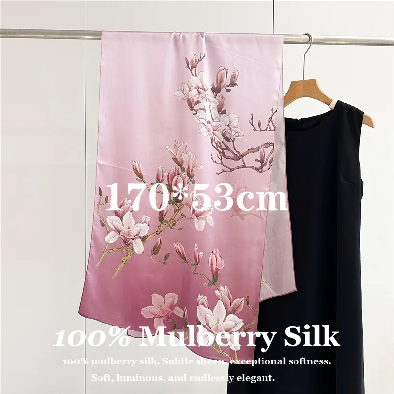 

Luxury 100% Real Silk Shawl Wrap Classic 170x53cm All Seasons Wear Scarf Gift Mother Wife Silk Texture Scarves Bandana Poncho