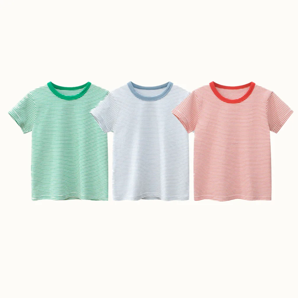 2024 Children Short T-Shirts Clothes for Boy 100% Cotton Short Sleeve Green Blue Red Striped Kids Casual Sport Top Tees