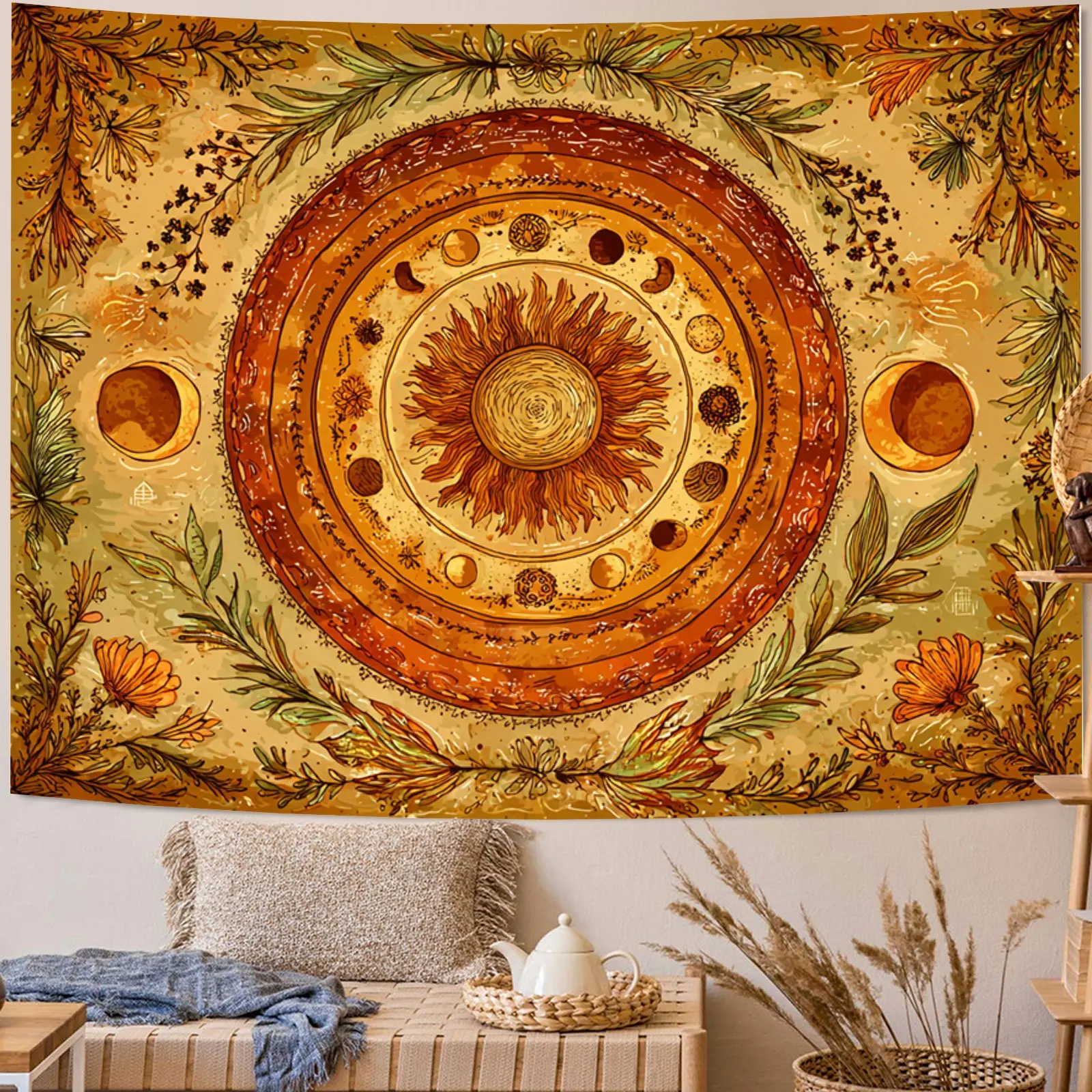 Bohemian Sun Moon Mandala Tapestry Boho Celestial Wall Decor Polyester Print Ethnic Spiritual Zodiac Living Room Hanging