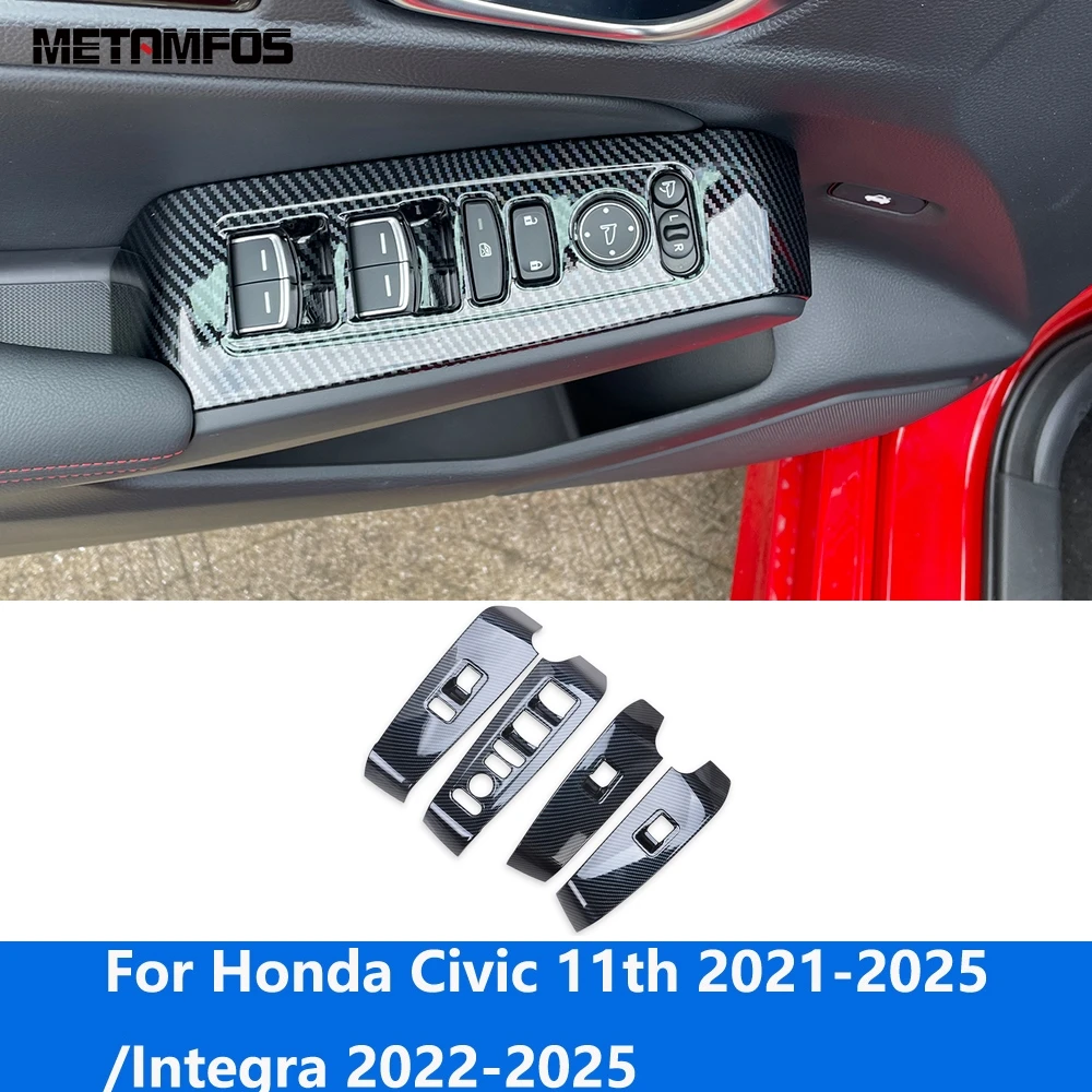 

Для Honda Civic 11th 2021-2025 Integra 2022-2025 внутренний подлокотник из углеродного волокна, переключатель подъема окна, накладка, автомобильные аксессуары