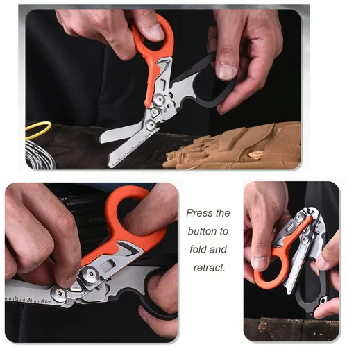 Imagen 2 del producto Tijeras de emergencia tácticas 6 en 1, tijera de primeros auxilios plegable, herramientas de rescate EDC de supervivencia al aire libre, Raptors de cuero para campamento de senderismo