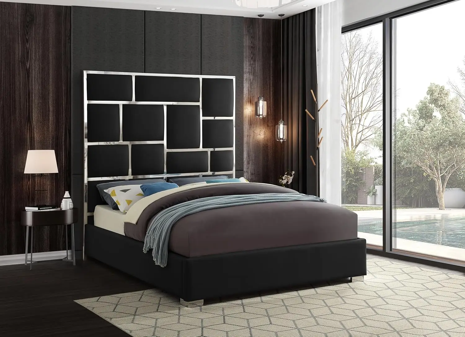 Meridian Furniture Milanblack-K Milan Collection Modern | Contemporary Vegan Leather Upholstered Bed, Custom Chrome Metal Legs,